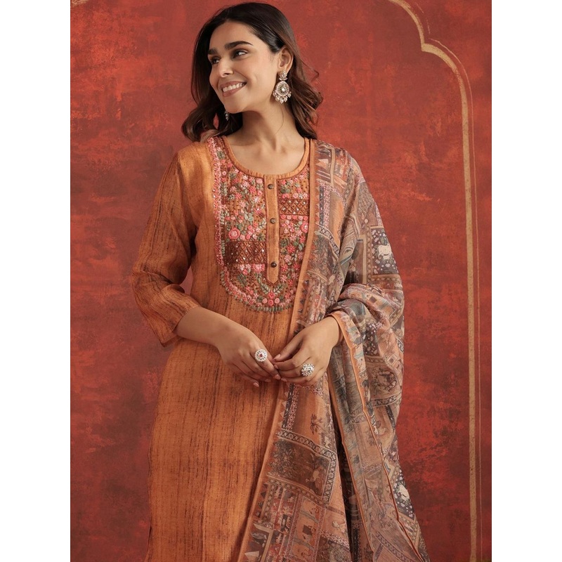 Indo Era Ethnic Motifs Chanderi Cotton Round Neck Straight Kurta With Trousers & Dupatta