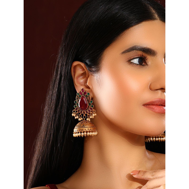 Priyaasi Gold-Plated Stone Studded & Beaded Contemporary Jhumkas