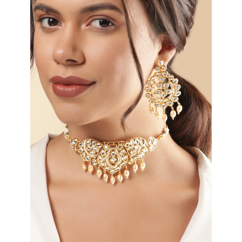 Rubans 18k Gold Plated White Kundan-Studded & Pearl-Beaded Handcrafted Choker Set