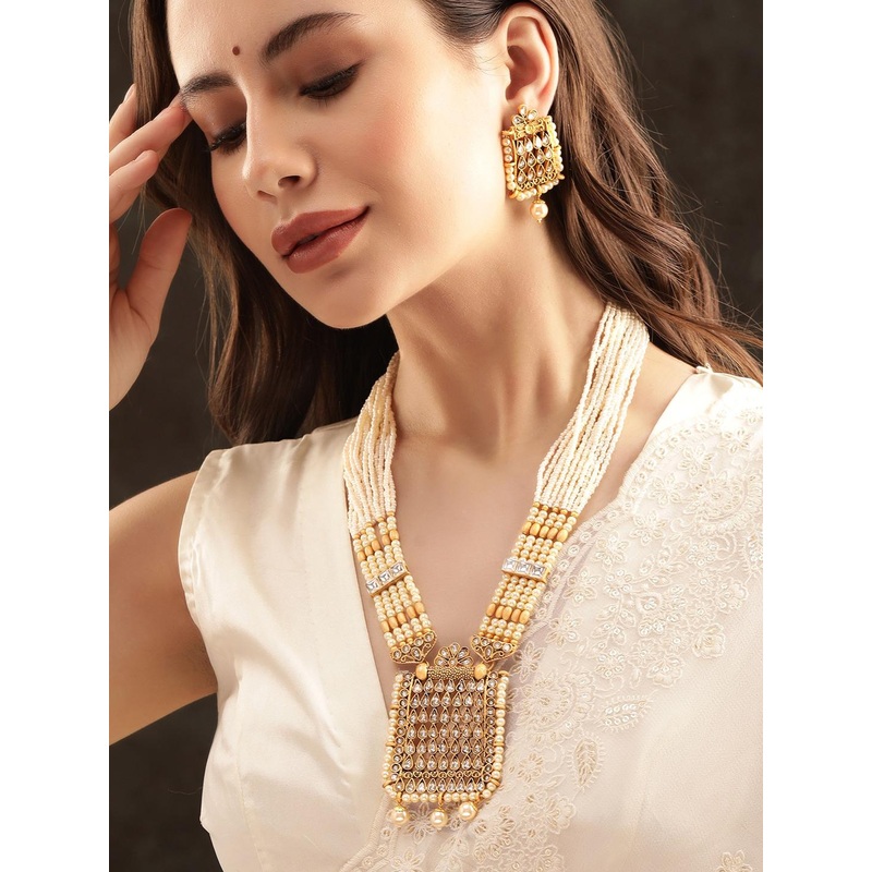 Rubans 22K Gold Plated Kundan Stone Studded & Pearl Beaded Multistrand Jewellery Set