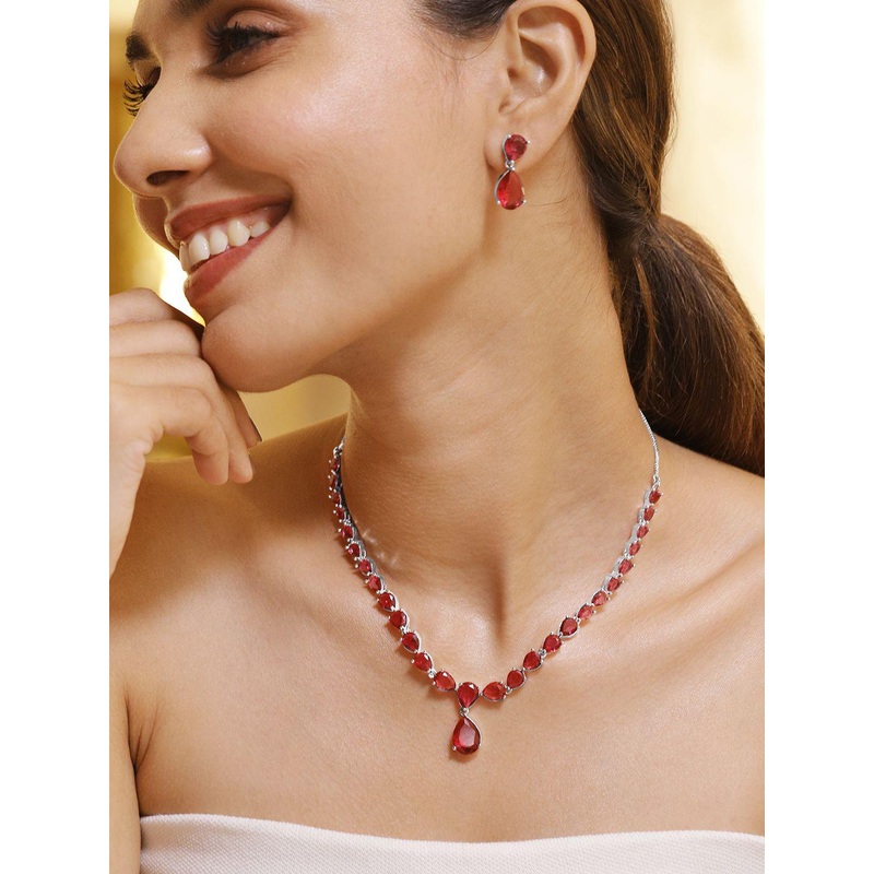 Rubans Premium Rhodium Plated Ruby Red Studded Statement Jewellery Set