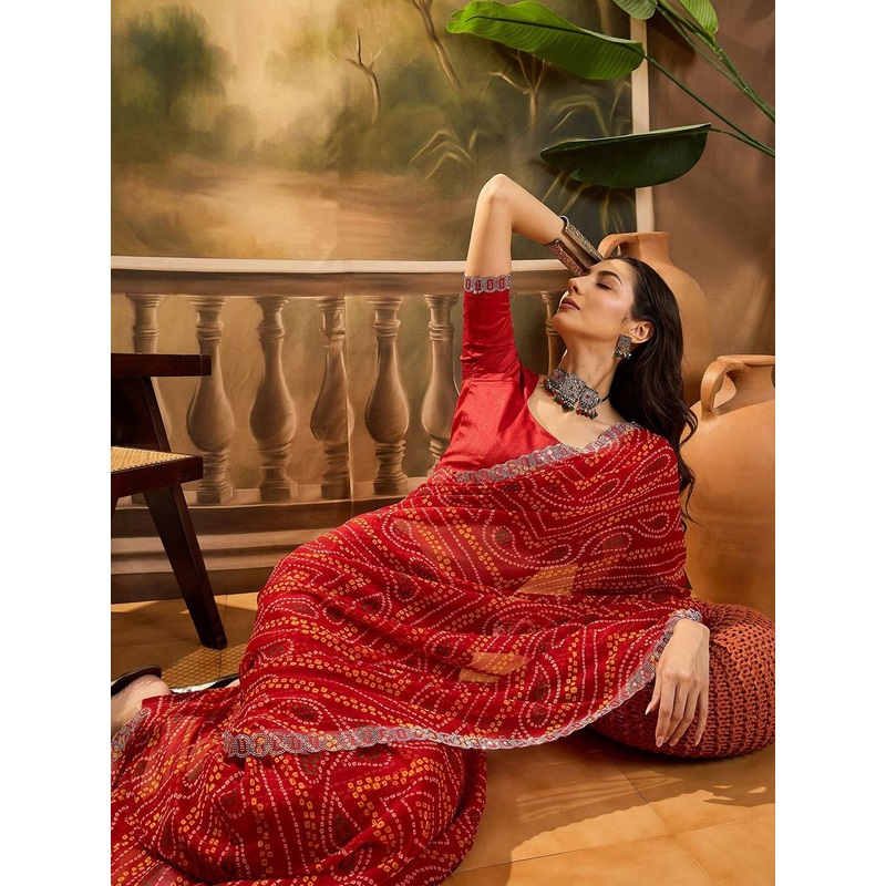Sangria Bandhani Printed Saree With BlousePiece