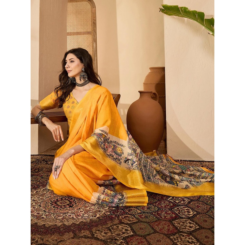 Sangria Yellow Pure Linen Printed Sarees