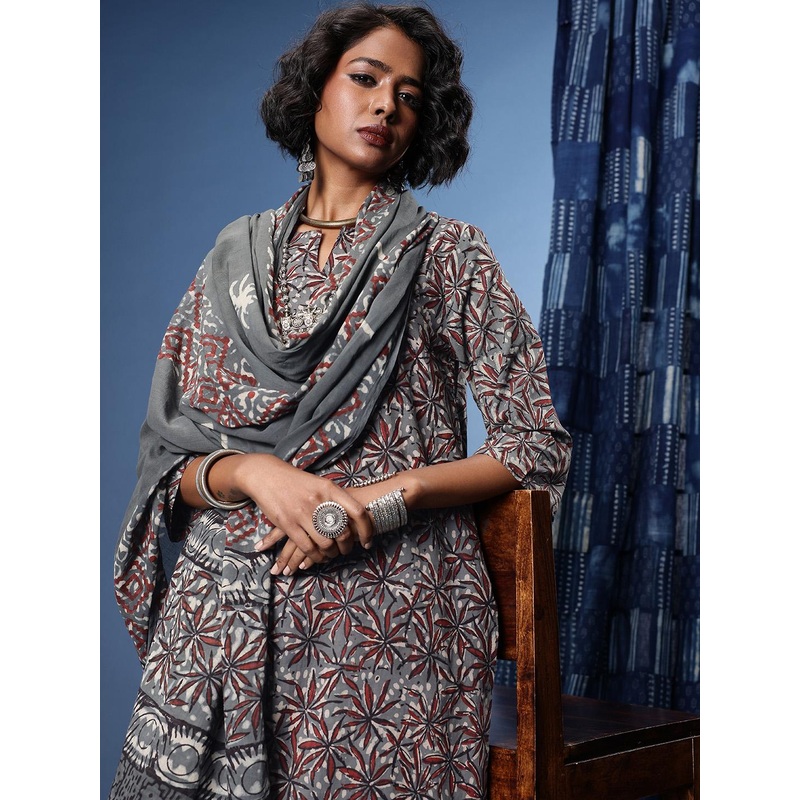 Taavi Bagru Indie-Floral Printed Straight Kurta with Trousers & With Dupatta