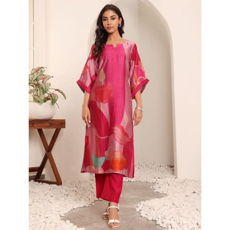 Varanga Abstract Printed Notch Neck Chanderi Silk Straight Kurta With Trousers