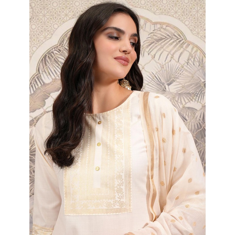 Vishudh Cream Ethnic Motifs Printed Kurta with Palazzo & Dupatta