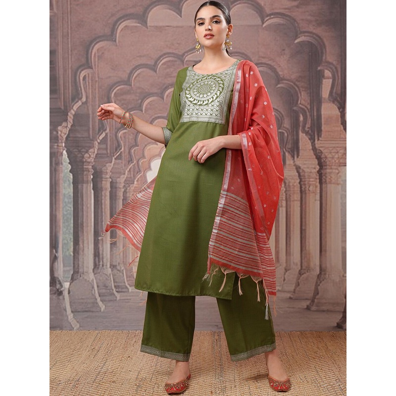 Vishudh Green Ethnic Motifs Printed Kurta with Palazzo & Dupatta