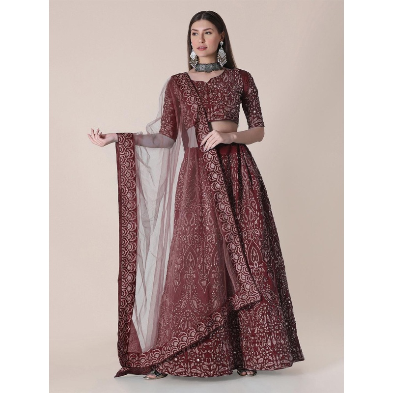 Warthy Ent Maroon & White Embroidered Thread Work Semi-Stitched Lehenga & Unstitched Blouse With Dupatta