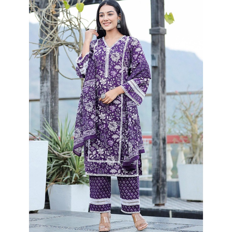 Yufta Floral Printed Regular Pure Cotton Kurta With Trousers & Dupatta