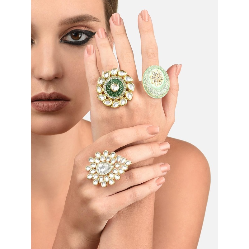 Zaveri Pearls Set of 3 Gold-Plated White & Green Stone Studded Adjustable Finger Rings