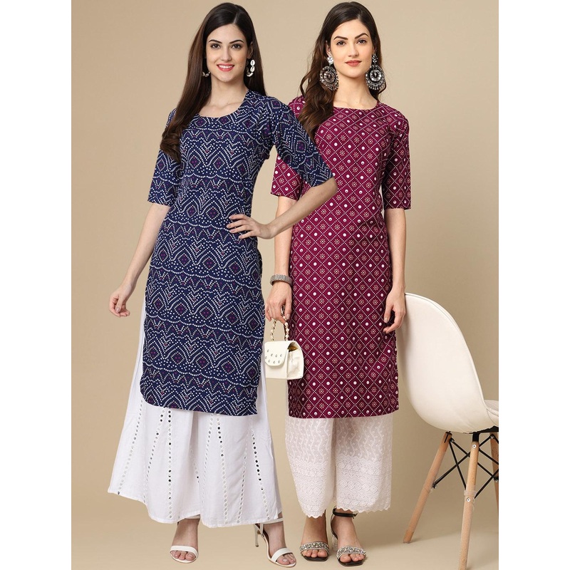 7Threads Set of 2 Women Printed Block Print Handloom Crepe Straight Kurta