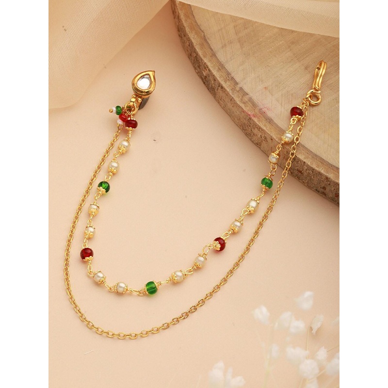 Aadvik Designs Gold-Plated Stone-Studded and Beaded Chained Nosepin