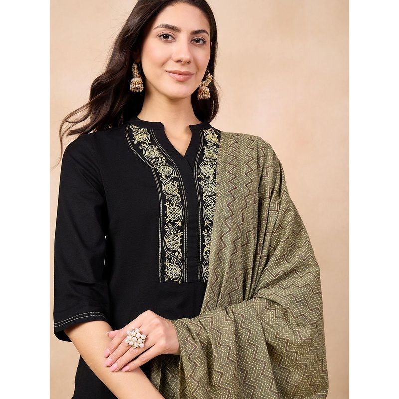 Anouk Black Ethnic Motifs Yoke Design Regular Thread Work Pure Cotton Straight Kurta Set