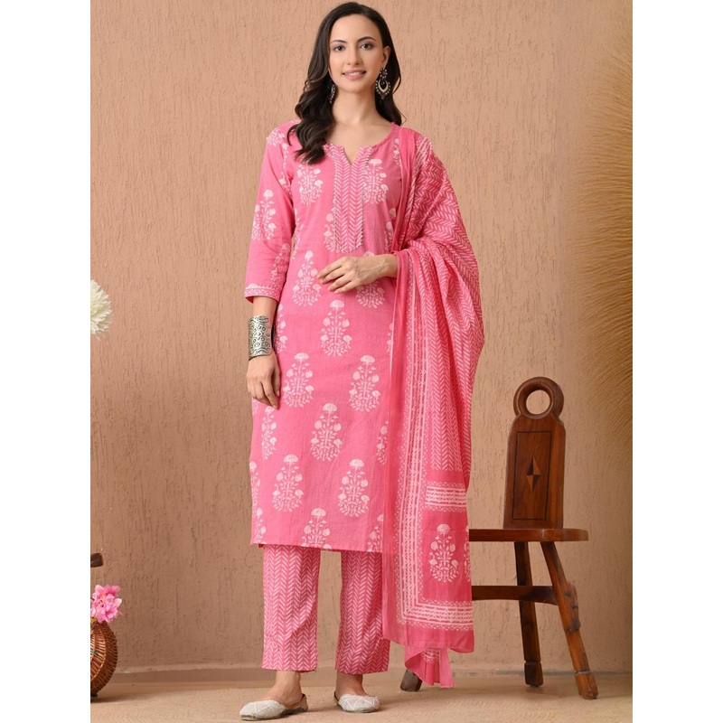 Anouk Rustic Floral Printed Notch Neck Pure Cotton Straight Kurta With Trousers & Dupatta