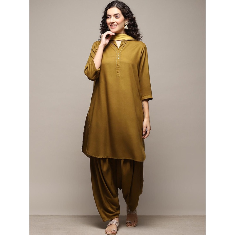 Biba Mandarin Collar Three-Quarter Sleeve Straight Thread Work Kura Set With Dupatta