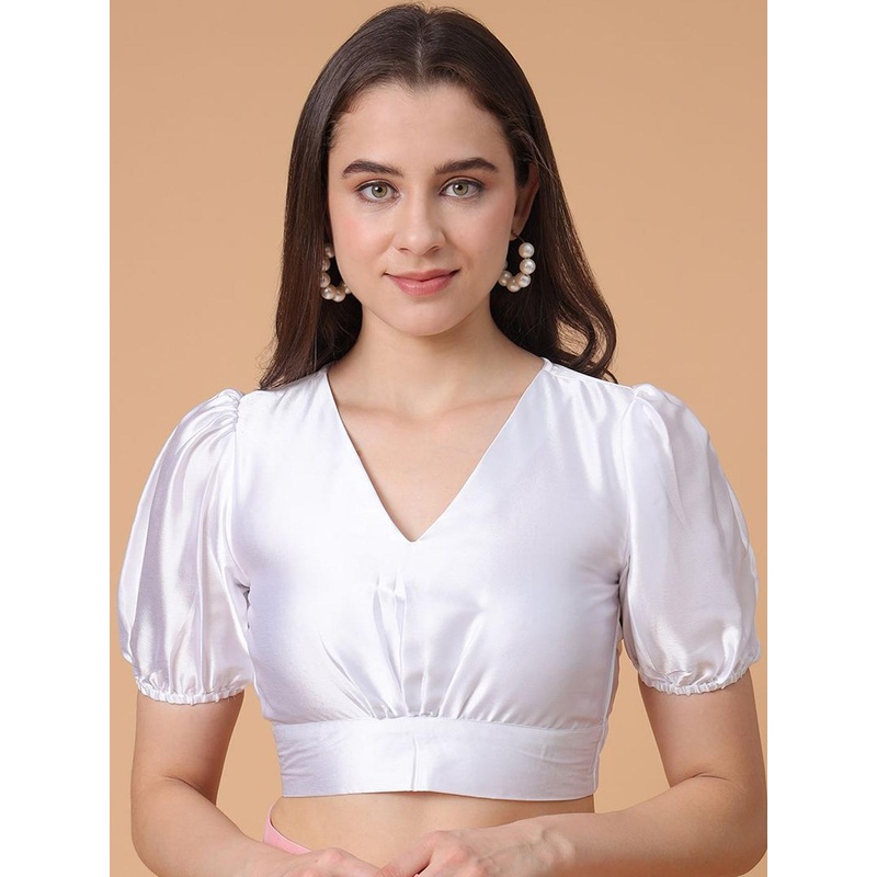 Frolic Rolic White Silk Blend V-Neck Puff Sleeves Blouse