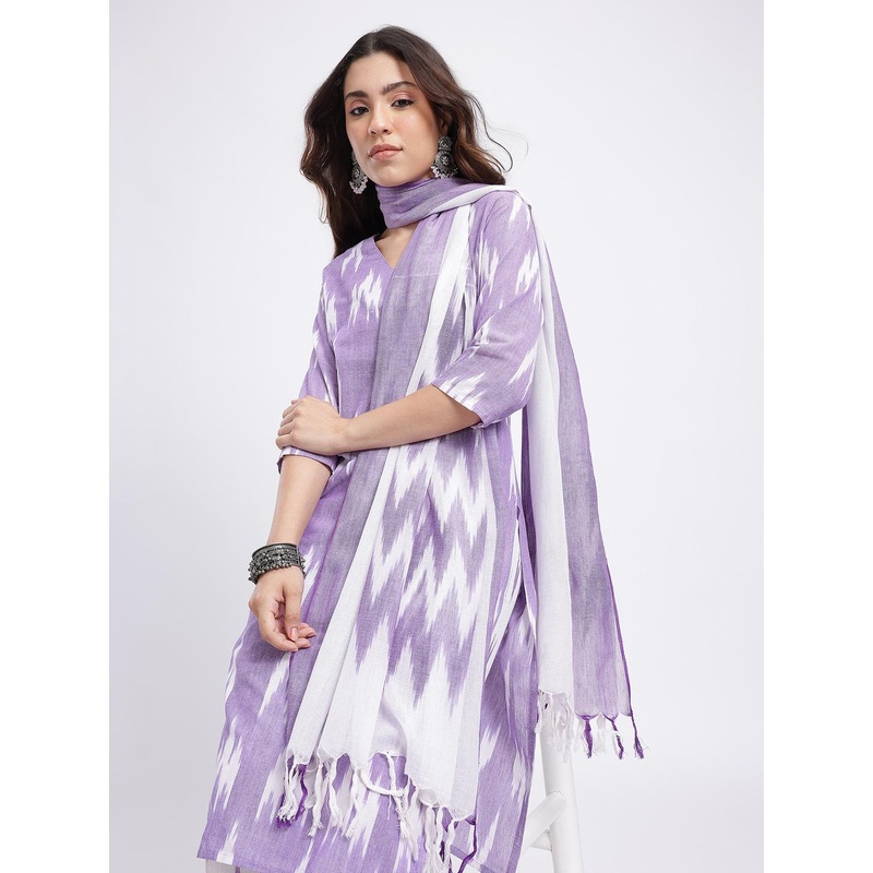 HERE&NOW Ikat Printed Kurta with Trousers & Tasseled Dupatta
