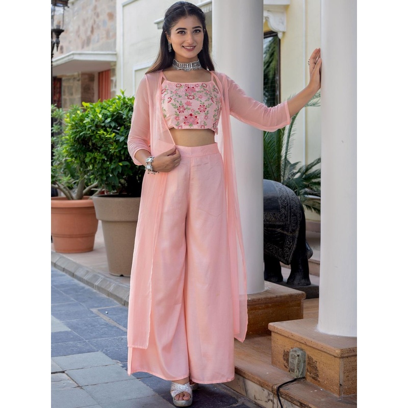 HERE&NOW Light Pink Embroidery Shantoon Shrug, Crop Top with Palazzo Co-ord Set