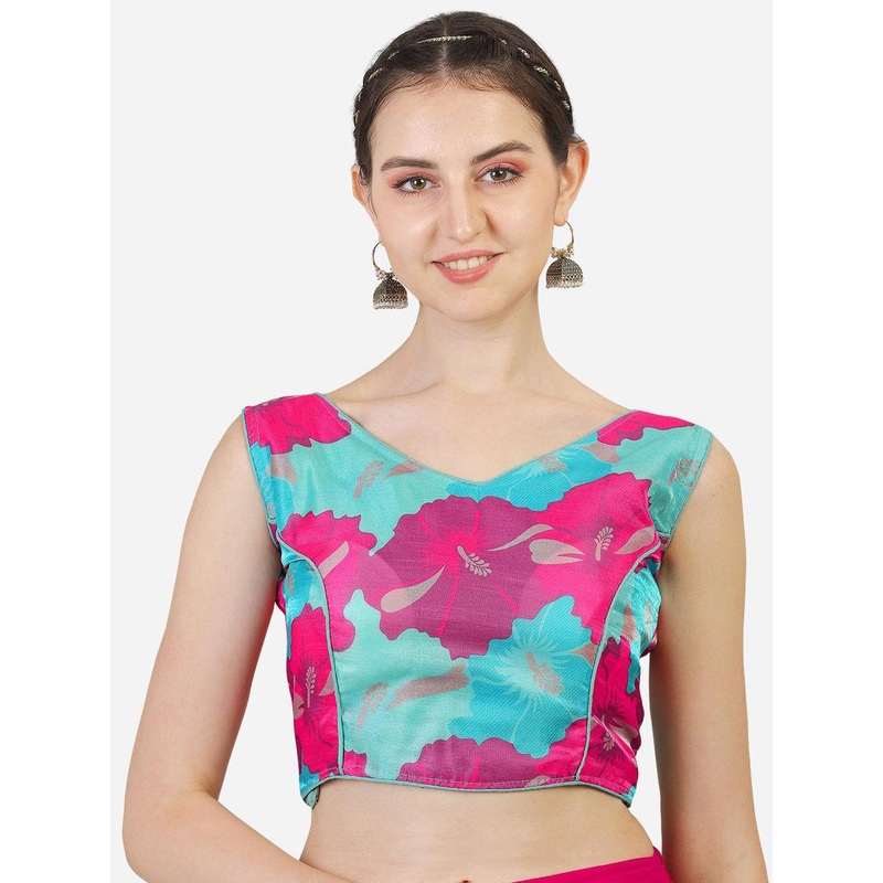 HERE&NOW Printed Silk V Neck Readymade Saree Blouse