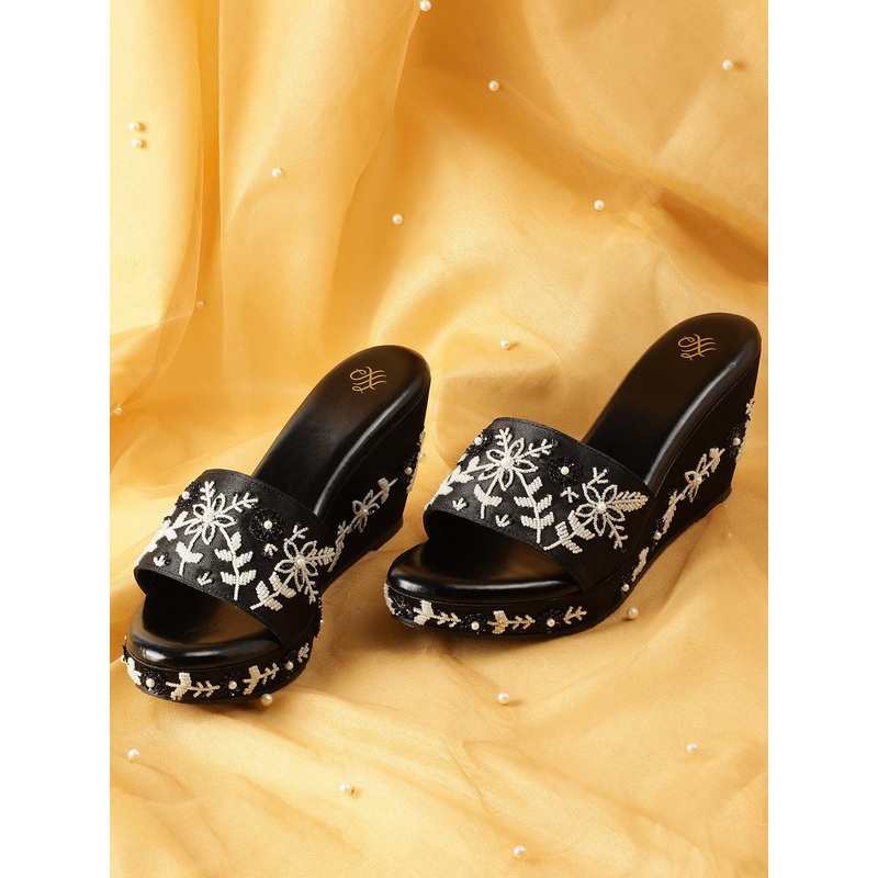 House of Pataudi Bead Embellished Floral Wedge Heels