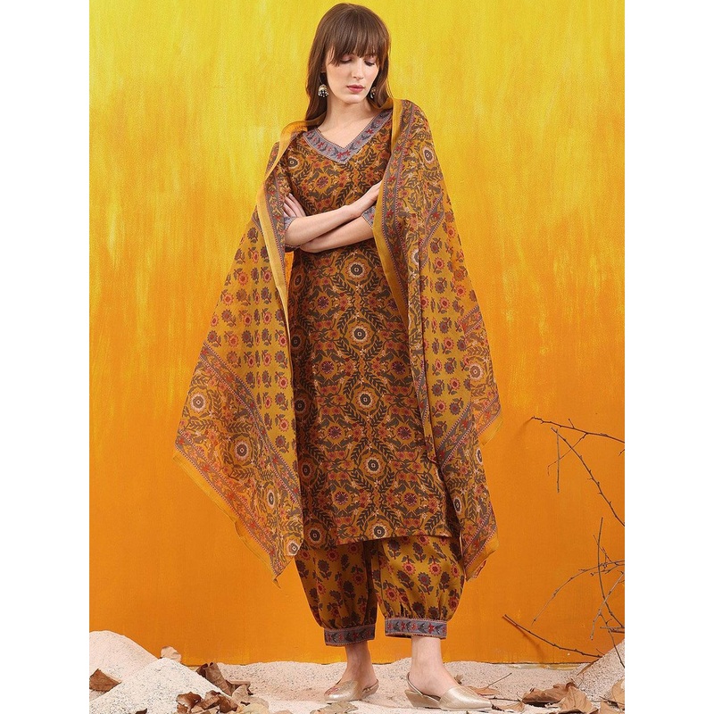 KALINI  Floral Printed V-Neck Straight Kurta With Salwar And Dupatta
