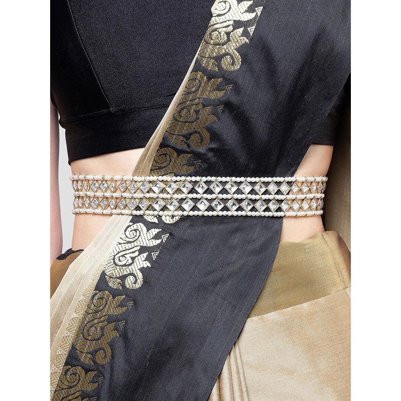 KARATCART Women Gold-Plated Kundan and Pearl Beaded Waist Chain