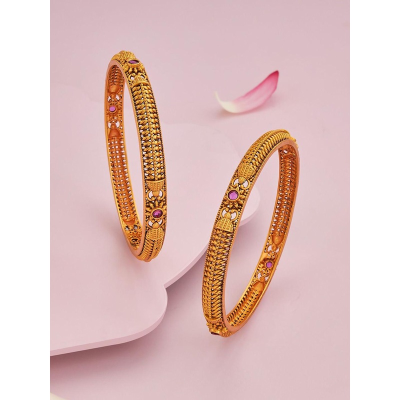 Kushal’s Fashion Jewellery Set Of 2 Gold-Plated Ruby-Studded Ethnic Antique Bangles