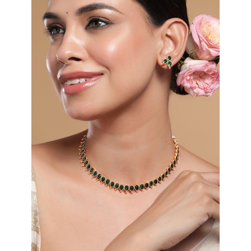 Rubans 18K Gold-Plated Emerald Studded Traditional Necklace Set