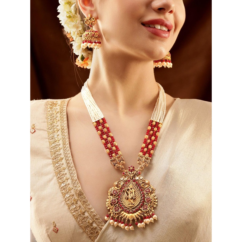 Rubans 18K Gold-Plated Red Stone Studded Pearl Beads Divine Krishna Temple Jewellery Set