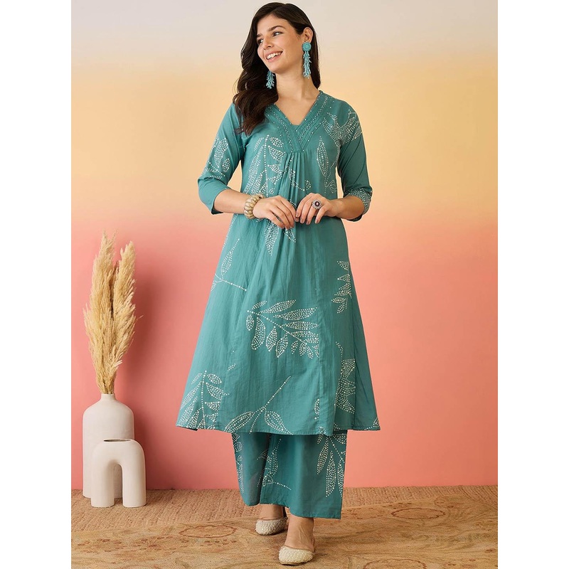 Sangria Blue Floral Printed V-Neck A-Line Pure Cotton Kurta Set