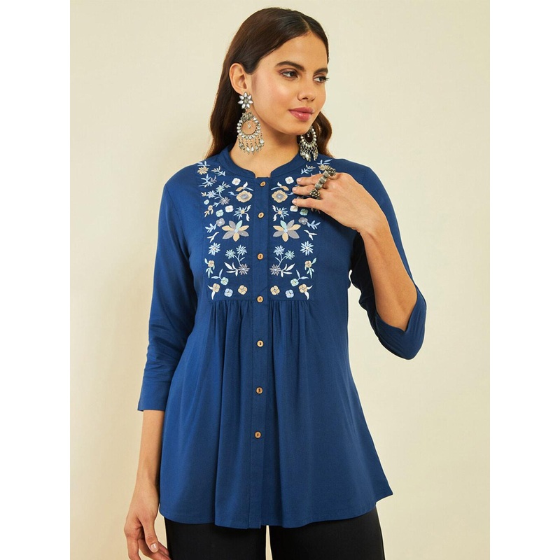 Soch Embroidered Mandarin Collar Three-Quarter Sleeves Tunic