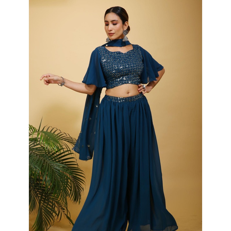 Teal Embellished Crop Top with Palazzos and Dupatta