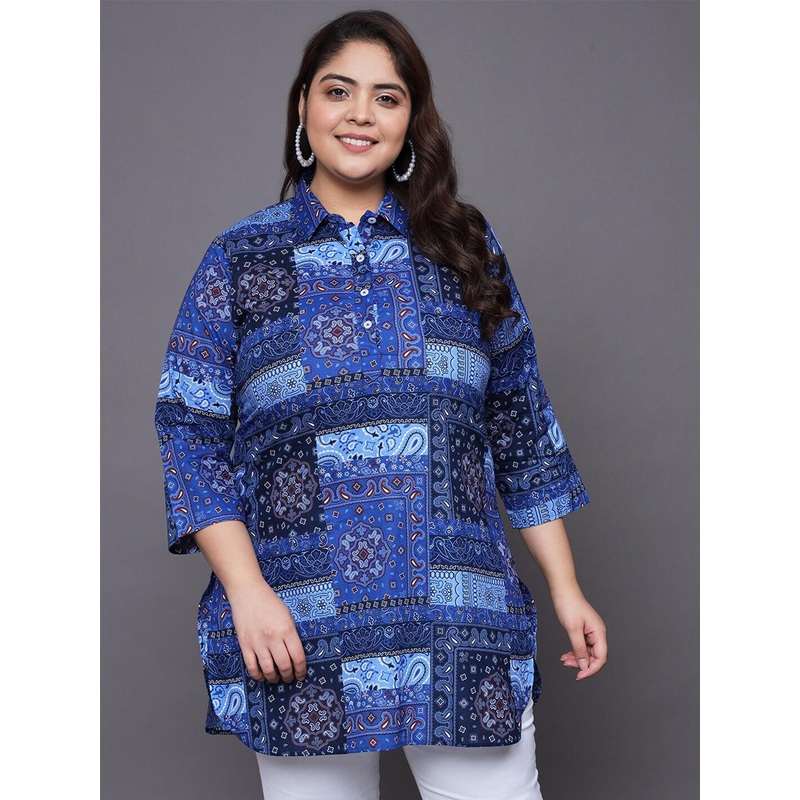 Tissu Plus Size Paisley Printed Shirt Collar Pure Cotton Kurti