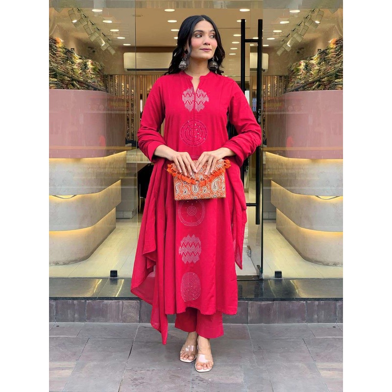 Aaghnya Geometric Printed Notch Neck A-Line Kurta With Trousers & Dupatta