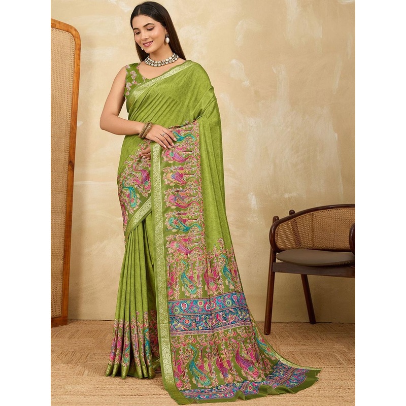 all about you Kalamkari Printed Woven Design Border Saree With An Unstitched Blouse Piece