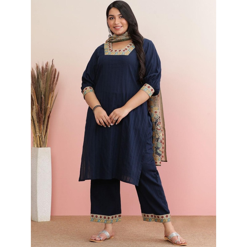 anayna Plus Size Striped Puffed Sleeves Pure Cotton Straight Kurta With Trousers & Dupatta