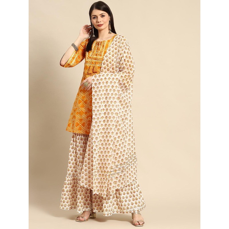 anayna Women Mustard Yellow Ethnic Motifs Printed Pure Cotton Kurta with Sharara & Dupatta