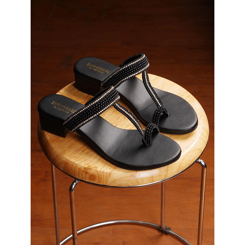 Anouk Black And Gold-Toned Embellished One Toe Block Heels