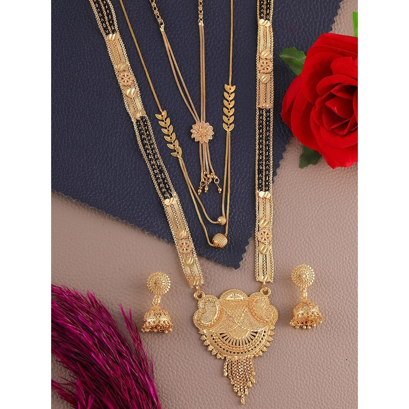 Anouk Set Of 3 Gold-Plated Artificial Stones Studded & Beaded Mangalsutra With Earrings