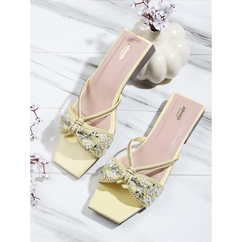 Anouk Yellow Ethnic Embellished Open Toe Flats