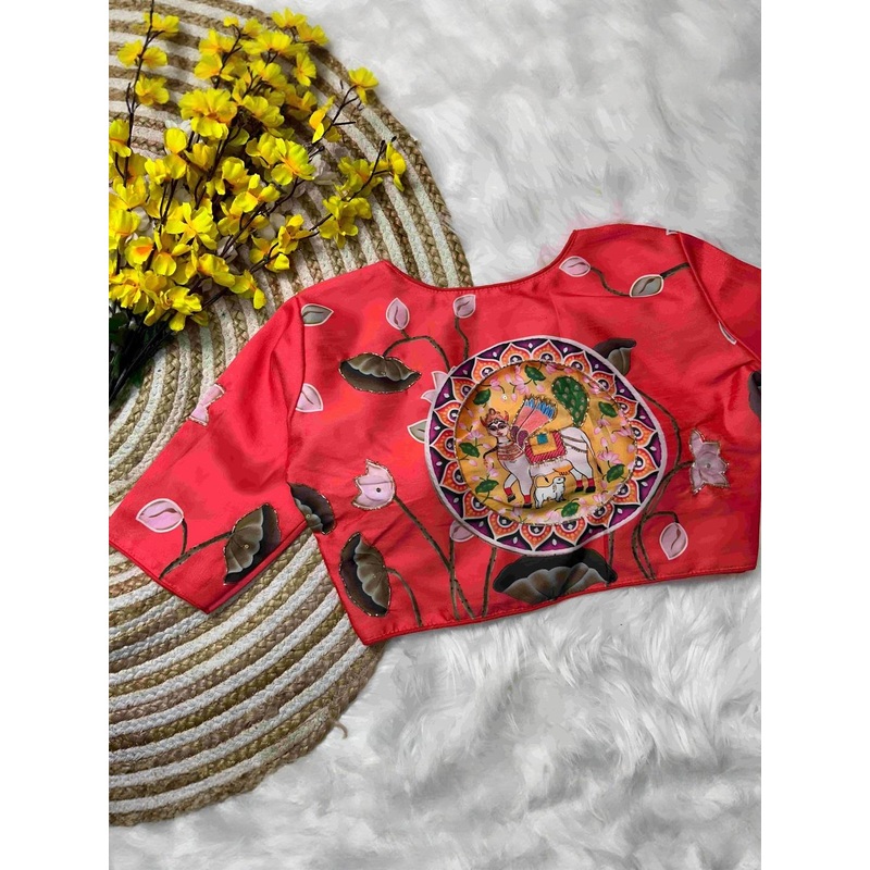 Blouseji Lotus & Cow Printed with Embellished Saree Blouse