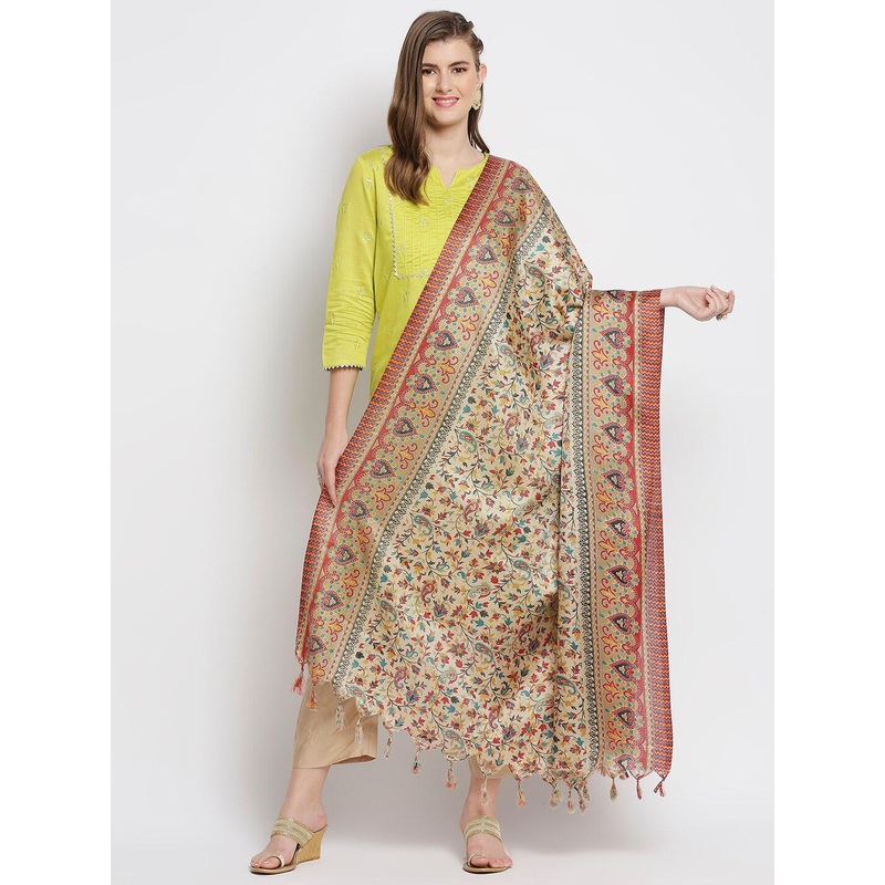 Dupatta Bazaar Beige & Red Floral Printed Art Silk Dupatta