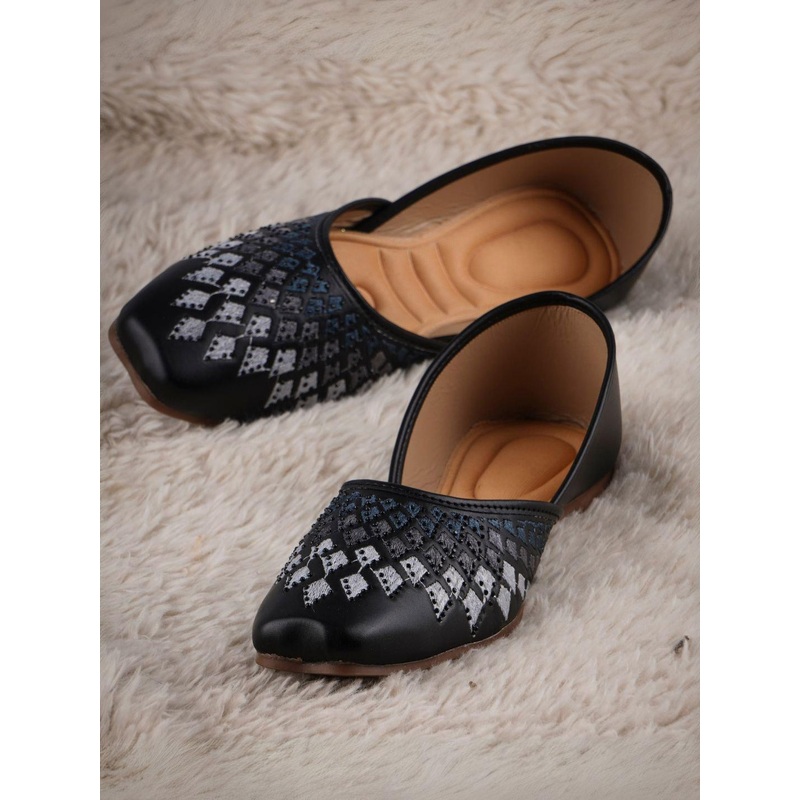 Froh Feet Women Woven Design Embellished Mojaris Flats With Comfortable Sole