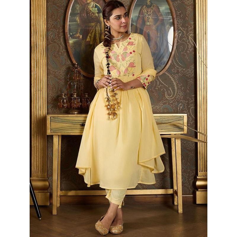 Indo Era Embroidered Notch Neck Panelled A Line Pure Cotton Kurta With Trousers & Dupatta