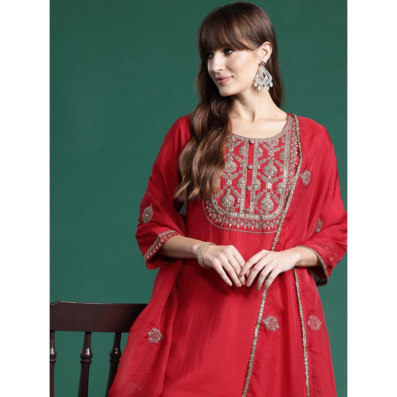 Indo Era Ethnic Motifs Embroidered Liva Kurta With Trousers & Dupatta