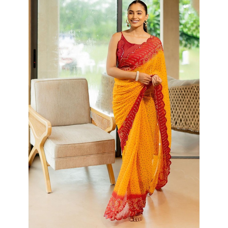 KALINI  FASHION Bandhani Mirror Work Pure Georgette Bandhani Saree
