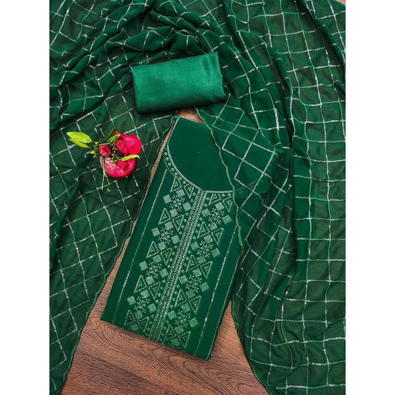 Leeza Store Floral Embroidered Sequinned Thread Work Unstitched Dress Material