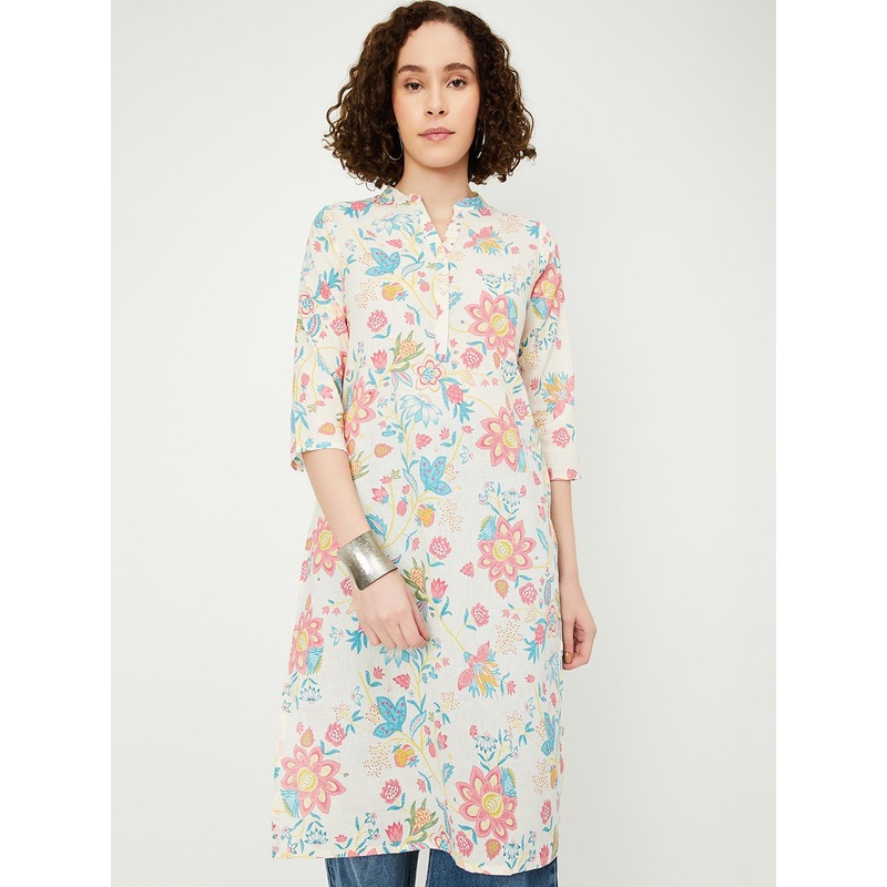 max Floral Printed Shirt Collar Straight Cotton Kurta