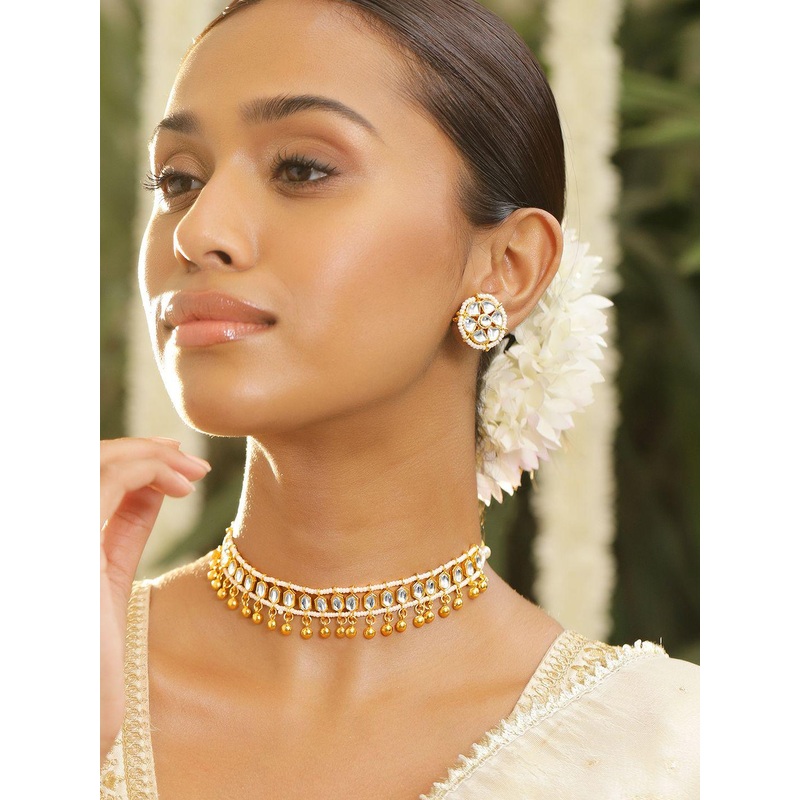 Rubans 18K Gold-Plated White Kundan Studded Gold Beaded Detailing Choker Necklace Set