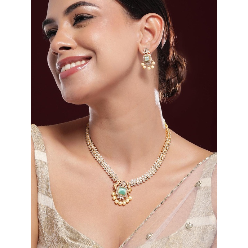 Rubans 22K Gold-Plated Aqua AD & White CubicZirconia Studded Jewellery Set with Pearl Drop